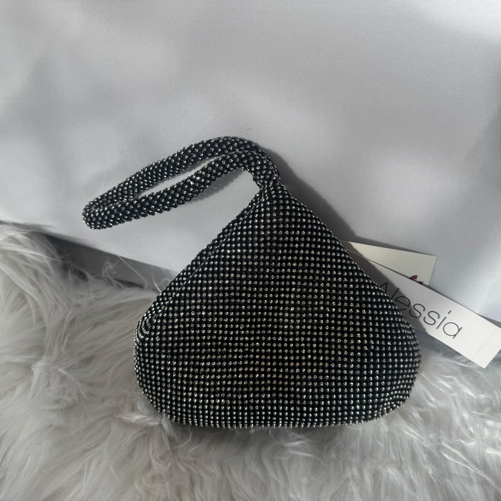 Alessia black evening bag with stones, new with tags, zipper, and snap